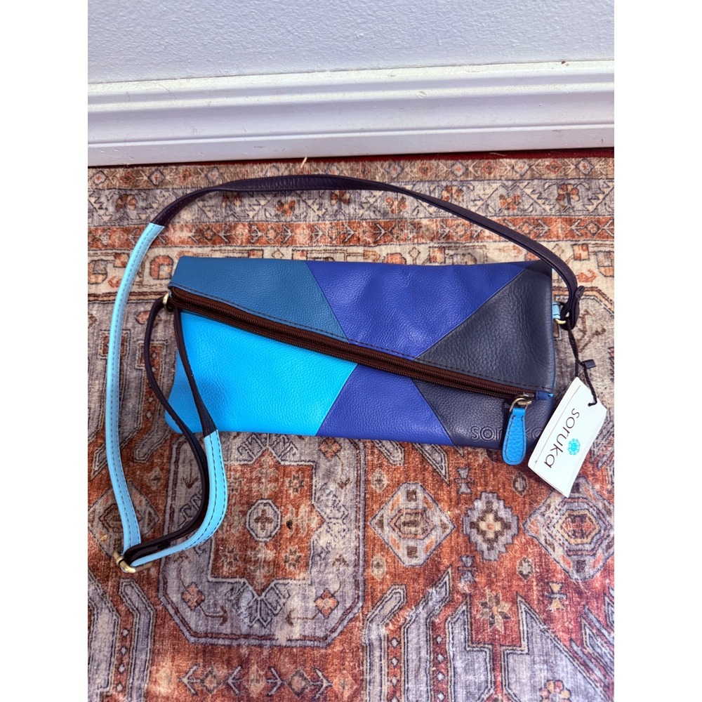 Soruka Blue Recycled Leather Geometric Patchwork Crossbody Bag NWT Handmade